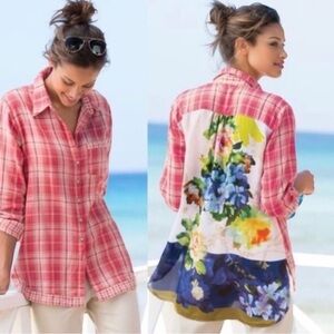SOFT SURROUNDINGS Kaolin Button Down Shirt Blouse Plaid Flannel and Floral Print